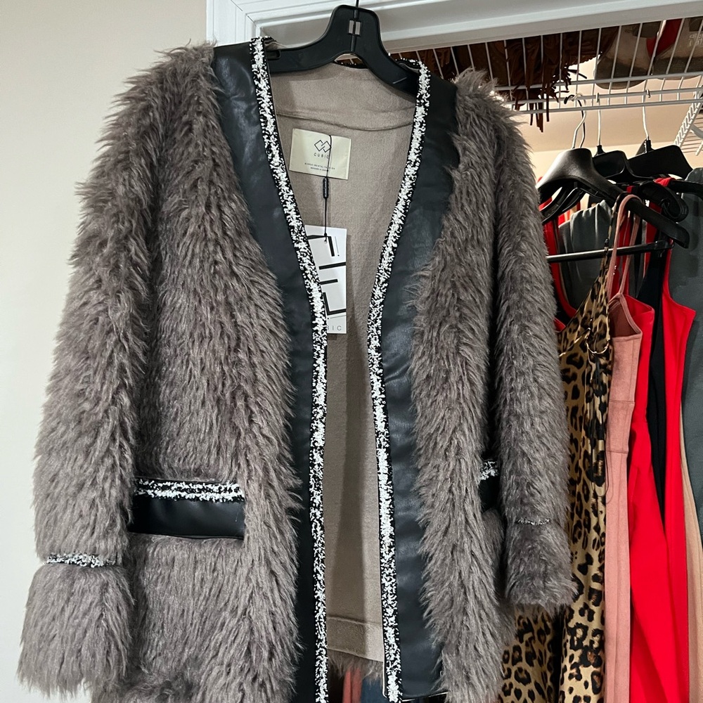 Gray and Black Teddy Jacket with Open Front Design